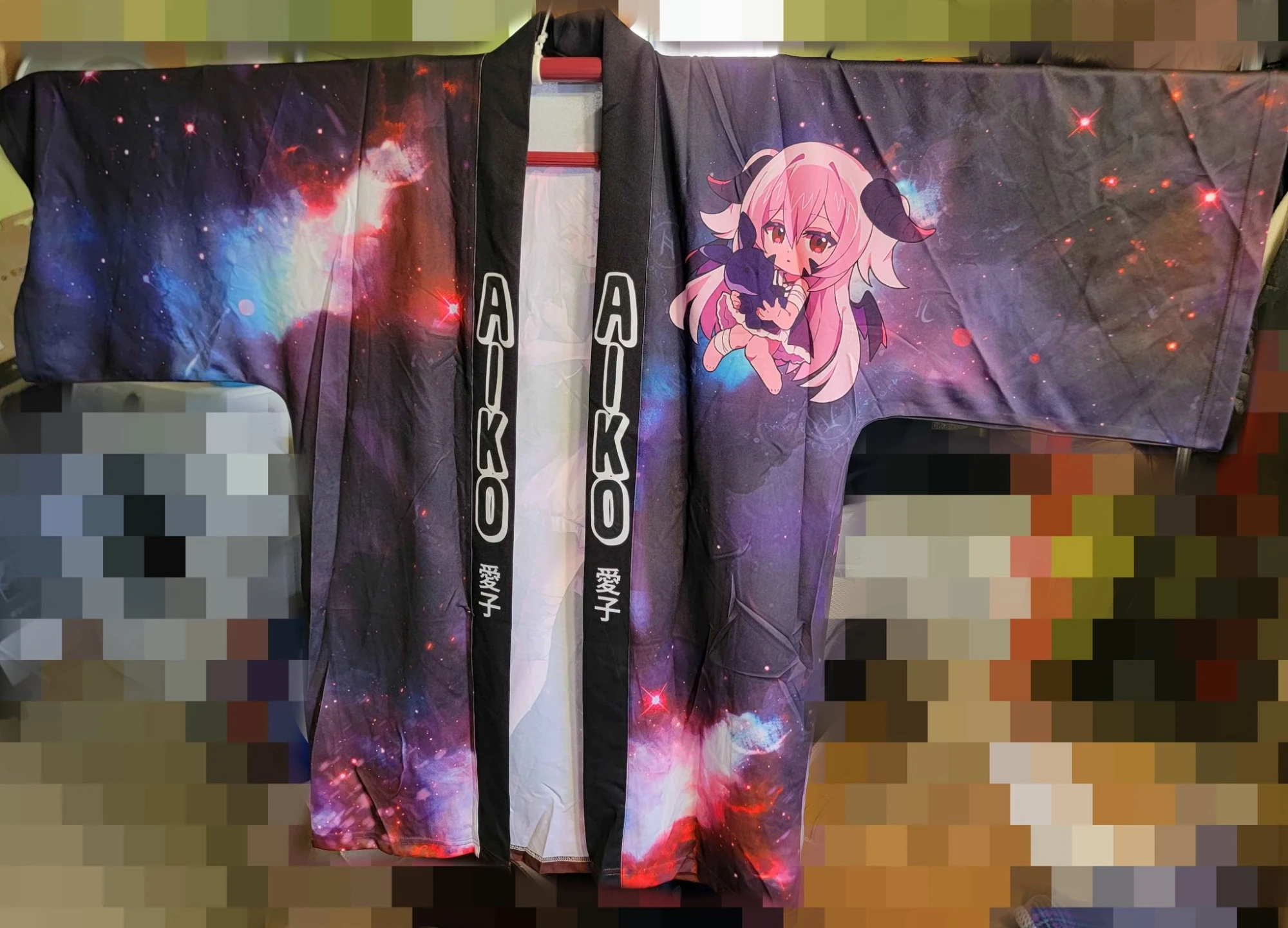 Aiko fan happi laid flat - front, with chibi Aiko and AIKO lapels
