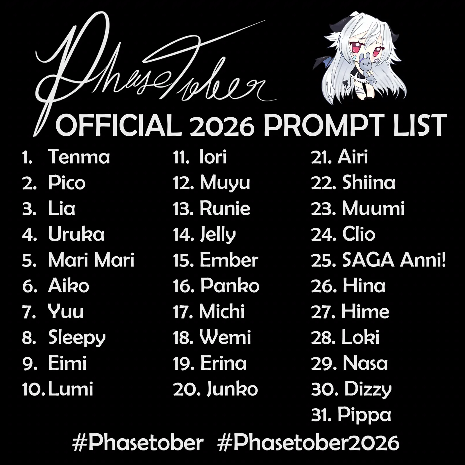 Phasetober 2026 official prompt list - a Phase Connect talent for each of the 31 days